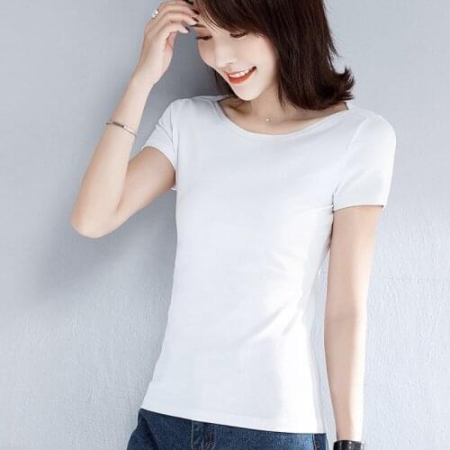 Women Soft Cotton T-shirt Slash Neck Solid color Lady Tees Short Sleeve Summer Womens clothing All match Female T-shirts