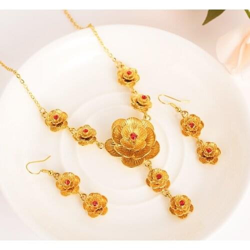 Gold Dubai crystaheart flower rose dangle Earrings Necklace Jewelry Sets for Women Girls wedding bridalJewelry accessories gift
