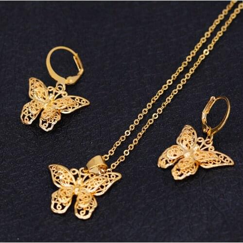24K Trendy Butterfly Dubai Small Jewelry sets for women Gold Necklace Pendant Earrings set Ethiopian African wedding bridal gift