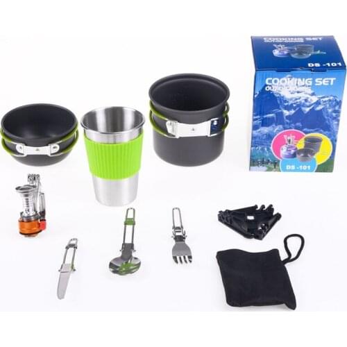 1 Set Outdoor Camping Cookware Cooking Hiking Picnic Traveling Cup Bowl Pot Pan Stove Spoon Fork Knife Tableware For 1-2 person