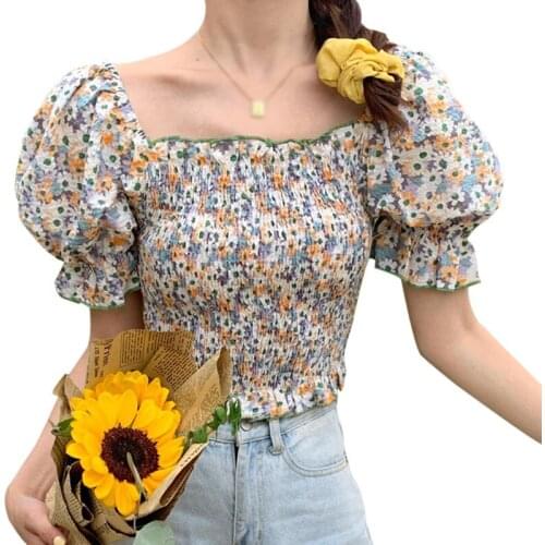 Sweet Floral Chiffon Shirt Square Collar Short Sleeve Korean Style Women Summer Blouses Tops