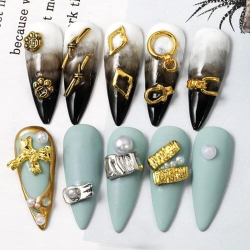 Niziquan Alloy Diamond Nail Art Jewelry Japanese Bow Ancient Gold and Silver Hollow Square Diamond Metal Frame Nail Accessories