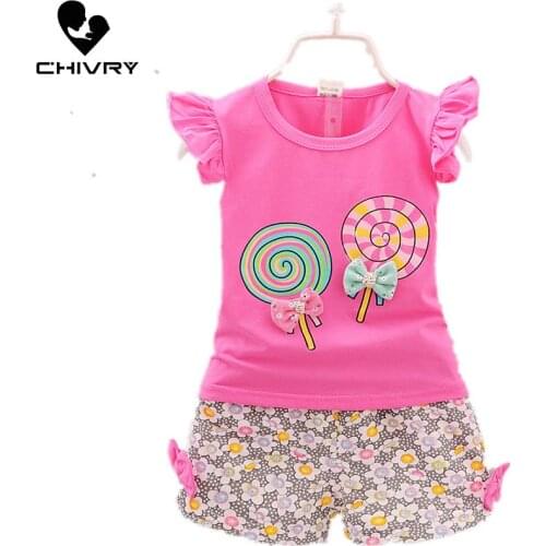 New 2020 Little Girls Clothing Sets Summer Cartoon Print Short Sleeve Sweat T-Shirt Tops With Shorts Baby Girls Clothes Sets