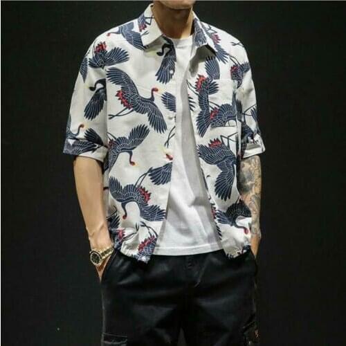 Summer New Chinese Style Mens Crane Printed Short-sleeved Shirt Tops Large Size