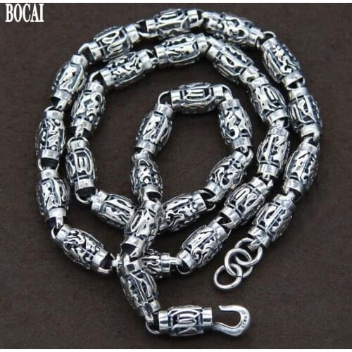 BOCAI New Real S925 sterling silver jewelry custom-made lengthened 8MM cylinder bamboo section scripture Man necklace