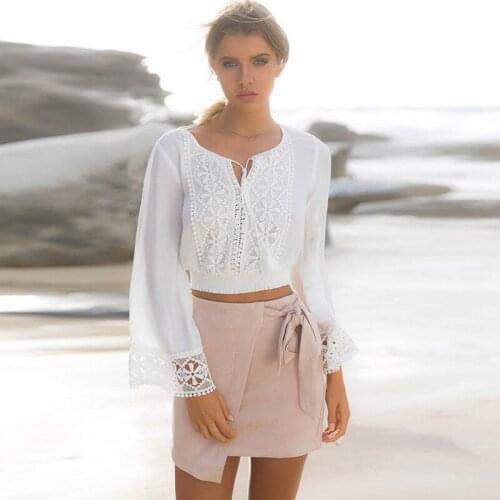 New womens tops and blouses Hollow Lace Flower Embroidered Loose white tops Summer Beach Long Sleeve Shirt Female Blouse Vestido