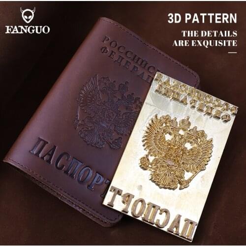 Printed Russian Federation Crazy Horse Leather Passport Cover Case Retro Business Card Holder Men Credit Card ID Holders