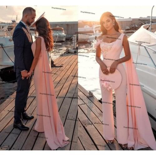 Peach Pink Arabic Prom Jumpsuit Dresses Robe De Soirée 2021 Feather Lace Ribbon Aso Ebi Evening Dress with Pant Suit