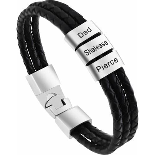 Personalized Name Multilayer Braided Chain Bracelet With Beads Black Stainless Steel Fashion Charm Bangles Jewelry Gift For Men