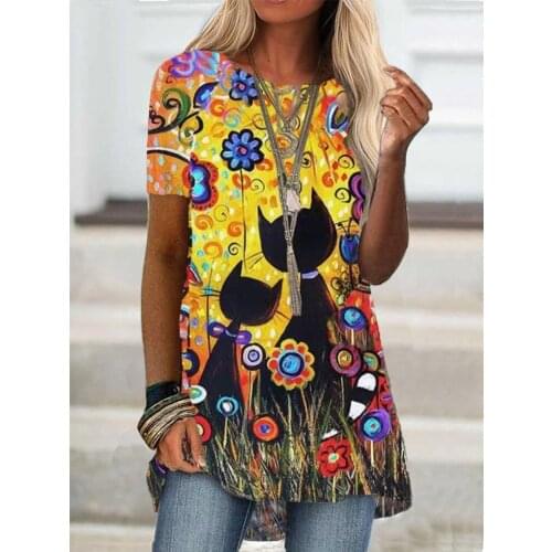 Plus Size Women Fashion Loose Casual short sleeves Floral print Round neck Cartoon print summer tshirt tops blouses