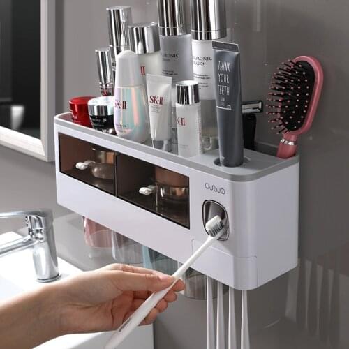Auto Toothpaste Dispenser with Toothbrush Holder Wall-Mounted with Magnetic Cup Set,Family Set Electric Toothbrush Holders
