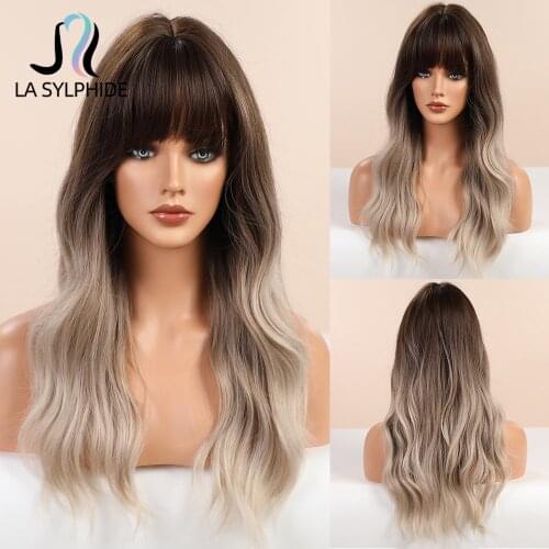 La Sylphide Synthetic Wig Long Wavy Root Dark Ombre Light Blonde Wigs with Bangs for White Black Woman Daily Party Use