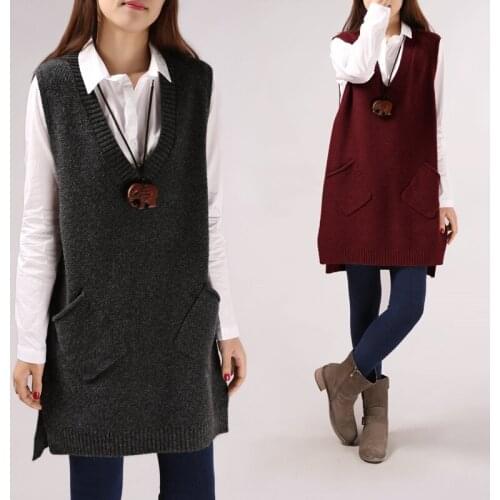 Spring Autumn 2021 Woman Knitted Tank Vests Female V-neck Casual Long Vest Dress Ladies Loose A-line Pullovers Waistcoat Q53