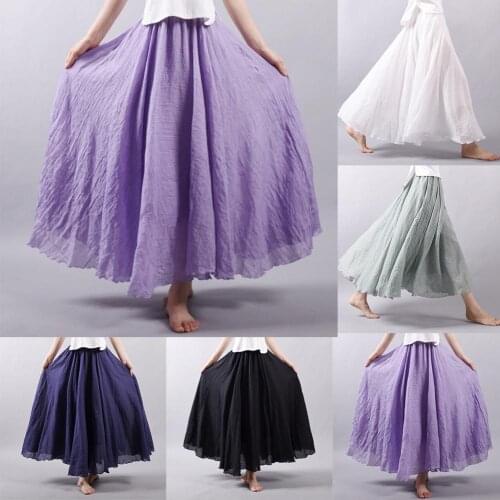 Summer Beach Solid Color Women Elastic Waist Cotton Linen A Line Maxi Skirt elastic high waist all-match females bottoms