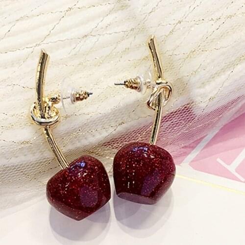 Net red tide red cherry earrings female temperament Korea personality Joker exaggerated long earrings