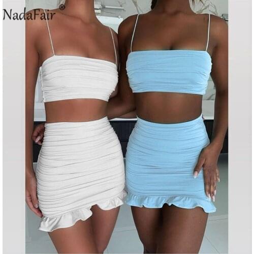 Nadafair Sexy Summer Two Piece Set Women Outfit Strap White Crop Top And Bodycon Skirt Ruffles Ruched Mini Party Club Women Set