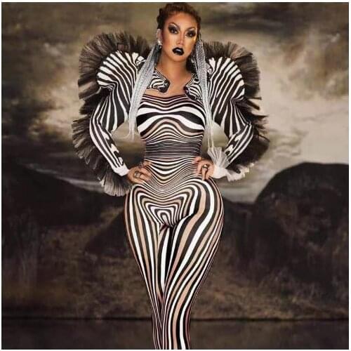 Bar DS Dance Cosplay Bodysuit Costume Sexy Zebra Pattern Jumpsuit Women Singer Sexy Stage Outfit Prom Clothes