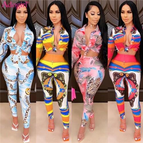 Adogirl Fashion Print Women Two Piece Set Long Sleeve Shirt Top Pencil Pants Spring Summer Casual Suit Female Club Wear