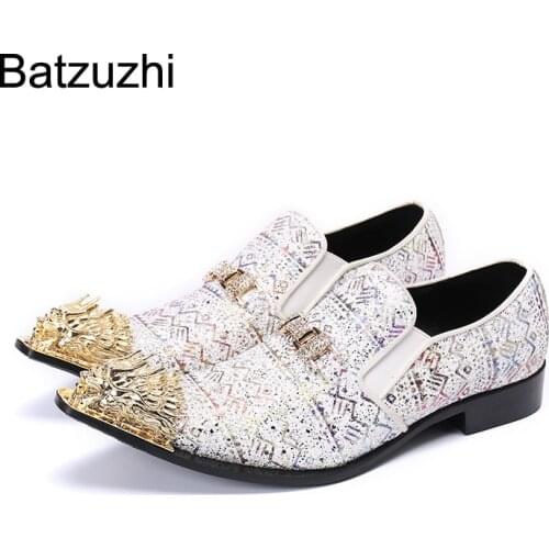 Batzuzhi 2021 New Mens Shoes Golden Metal Toe Leather Dress Shoes Men Slip on White Blink Party and Wedding Shoes for Men