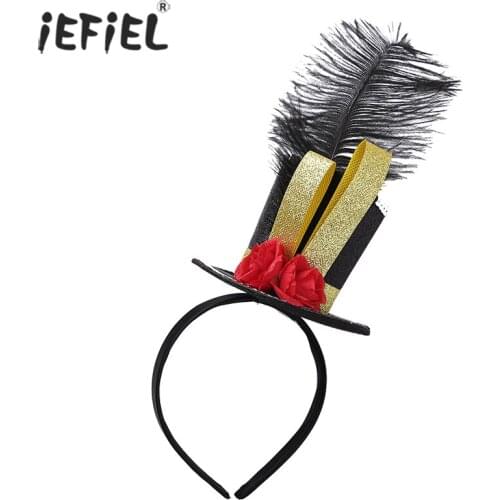 Kids Girls Steampunk Feather Hat Hair Hoop Headwear Fancy Mini Top Hat Fascinator Headband with Feather Rose for Halloween Party