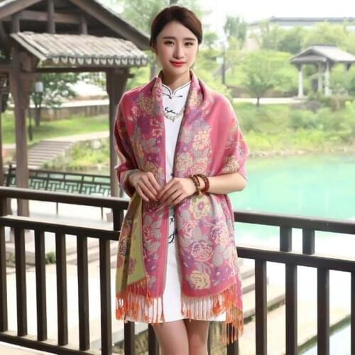 Hot Pink Pashmina 100% Warm Cashmere Womens Scarves Paisley flower style Stole Shawl Wrap Autumn winter spring Scarf for lady