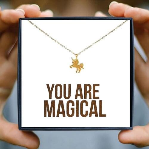 Icareu Gold Unicorn Pendant Necklace You Are Magical Wish White Card Women Love Jewelri Box Choker Chain Valentines Day Gift