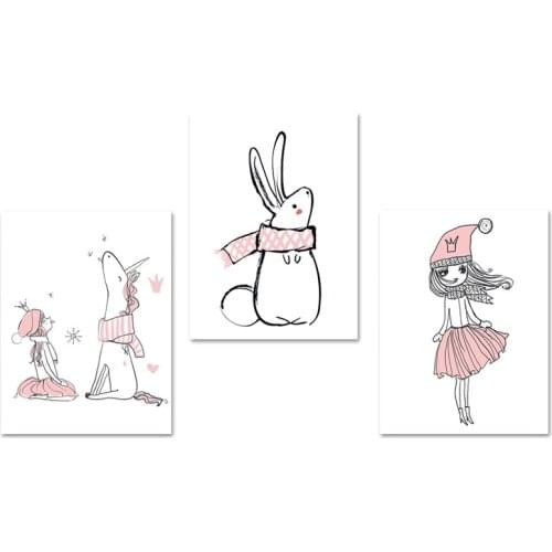 Kawaii Baby Girl Nursery Wall Art Canvas Painting Pink Cartoon Bunny Unicorn Posters and Prints Nordic Kid Bedroom Decor Picture