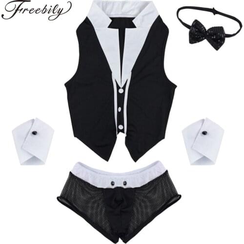 Hot Mens Maid Role Play Costume Erotic Sexy Halloween Outfits Tops Boxer Briefs Underwear with Collar Handcuffs Lingerie Set