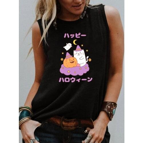 Kawaii happy halloween Tank top Funny pumpkin cat ghost Gothic Style Sleevele Tee Women casual 90s aesthetic vintage top