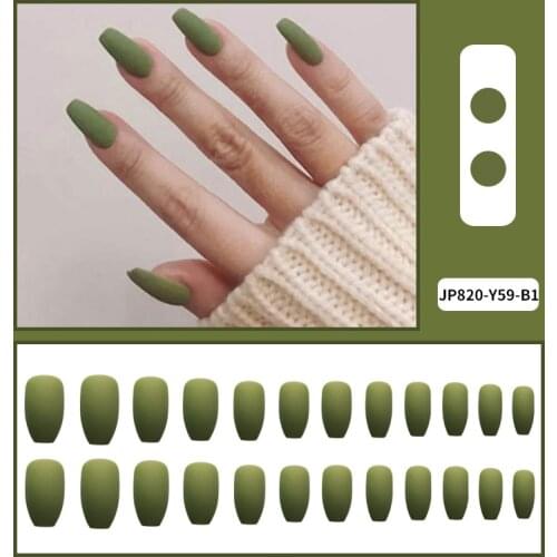 24Pcs Fashion Matte Green Frosting Fake Nails Solid Color Long Ultra Thin Coffin False Nails with Adhesive Tape Glue Sticker NN