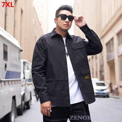 Large size mens autumn shirt mens fashion long-sleeved plus size tide fat black overalls shirt autumn 7XL oversized shirt