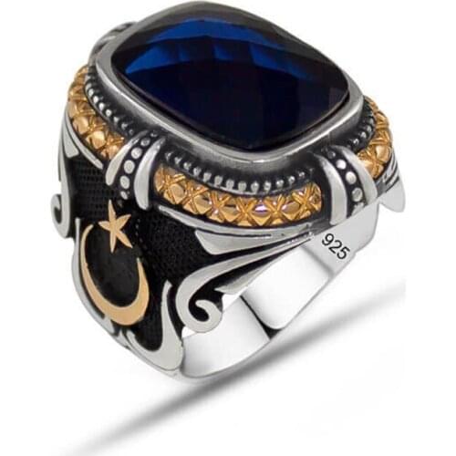 Navy blue Facet Cubic Zirconia Oxidized Monogram Sterling Silver Men 'S Ring
