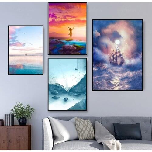 Wall Art HD Prints Home Lake Blue Mountain Ship Decor Sky Girl Poster Pictures Canvas Paintings For Living Room No Frame Artwork