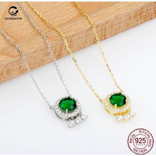 Niche pendant clavicle chain Palace style retro S925 sterling silver inlaid green zircon full crystal circle necklace 602