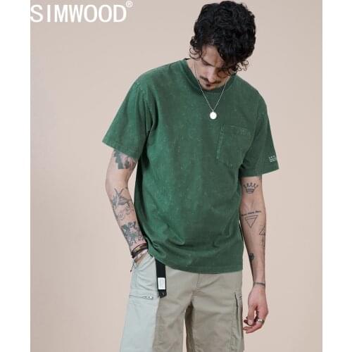 SIMWOOD 2021 Summer New Snow Wash Vintage T-shirts Oversize Loose 100% Cotton Chest Pockets Hip Hop Print Retro Tops Streetwear
