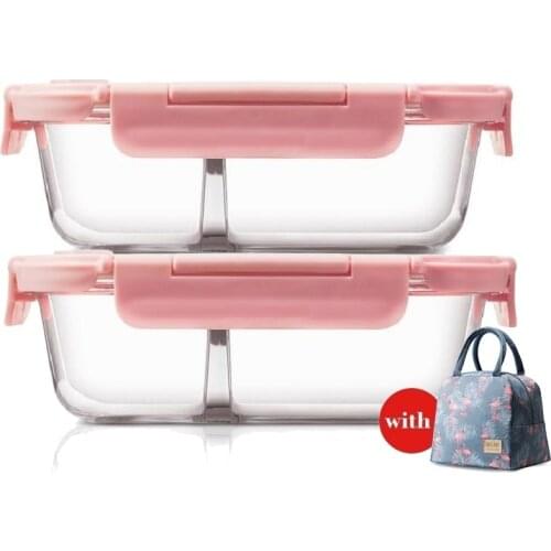 Microwavable Glass Lunch Box with Divider,Lid,Bag; Meal Prep Glass Food Storage Containers with 2 Compartments; Lunch Container
