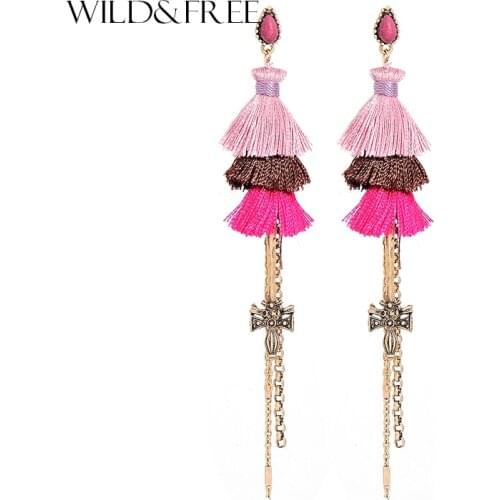 Wild&Free Vintage 3 Colors Long Tassel Hanging Dangle Earrings European Gold Alloy Colorful Earring Pendientes Jewelry