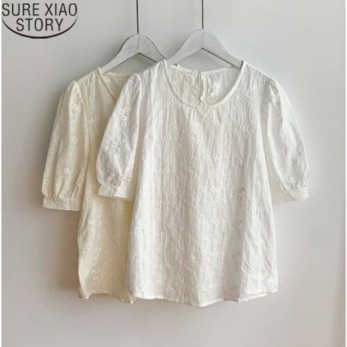 Blusas Women Embroidered Flower Shirt White Blouse Summer Korean Fashion Puff Sleeve Blouses O-Neck Casual Womens Tops 16314
