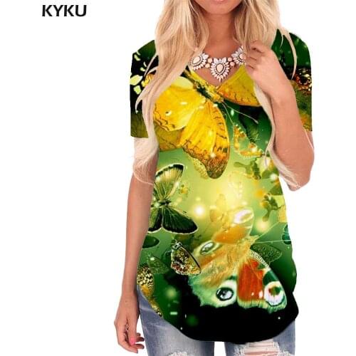 KYKU Butterfly T Shirt Women Animal T-shirts 3d Colorful Funny T shirts Harajuku V-neck Tshirt Womens Clothing Hip hop Printed