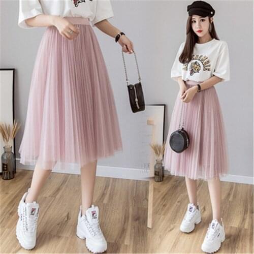 2020 Spring Summer Korean Elastic High Waist Mesh Tutu Skirt Tulle Skirts Womens Midi Pleated Skirt Black Pink Tulle Skirt Women