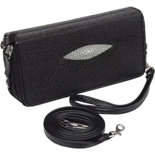 Authentic Real Stingray Skin Womens Wristlets Bag Genuine Leather Female Phone Clutch Purse Lady Small Cross Body Shoulder Bag