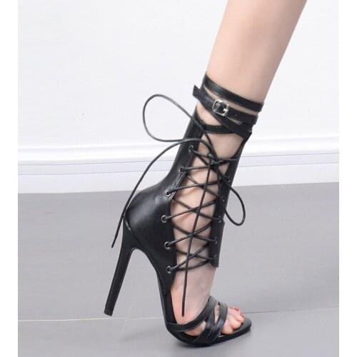 Roman Buckle Strap Shoes Women Sandals Sexy Gladiator Lace Up Peep Toe Sandals High Heels 11.5CM Woman Ankle Boots Black Aprict