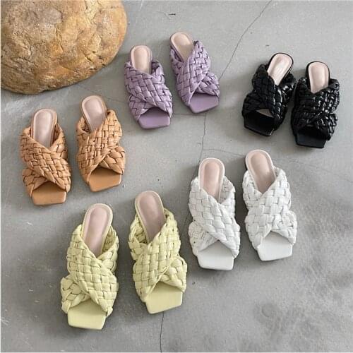 2021 Fashion Brand Weave Women Slipper Flat Heel Slip On Snadal Shoes Ladies House Outdoor Beach Slides Open Toe Flip Flops