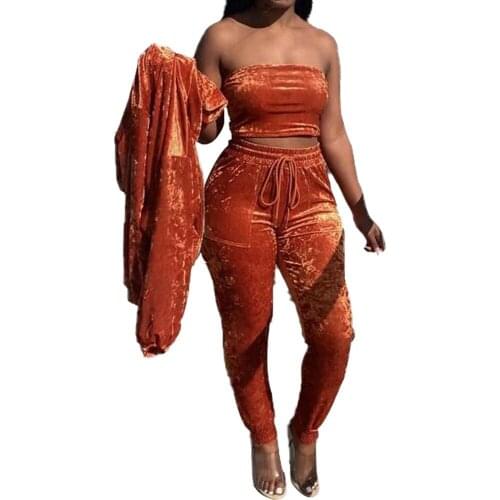 Velvet Women Three Piece Outfits 2021 New Arrival Long Sleeve Coats Top + Vest Tee + High Waist Pencil Pants Matching Sets