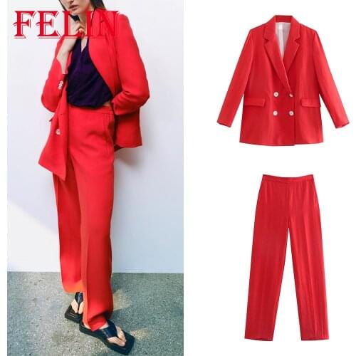 Za 2021 Oversized Long Red Office Lady Blazer Women Long Sleeve V Neck Double Breasted Elegant Jackets Stylish Autumn Outwears