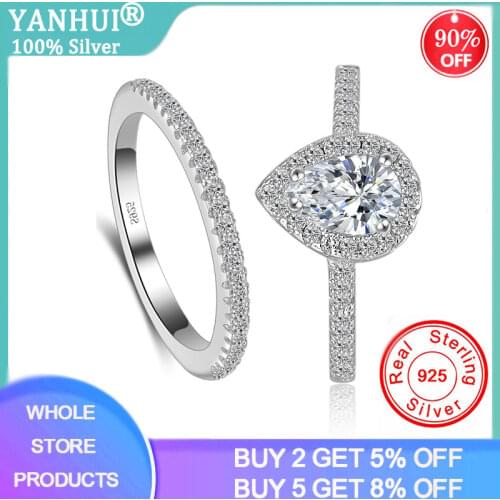 YANHUI Womens 2pcs Silver Rings Set Teardrop Cubic Zircon Engagement Ring Silver 925 Jewelry Wedding Bands Rings Set XR037
