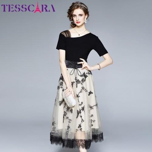 TESSCARA Women Summer Elegant Embroidery Mesh Dress Suir Set High Quality Long Wedding Party Robe Femme Runway Designer Vestidos