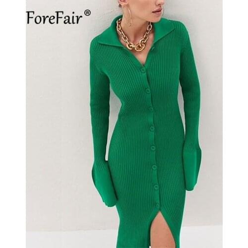 Forafair Knitted Bodycon Long Sleeve Midi Women Sweater Dress 2021 Autumn Winter V Neck Button Up Casual Ladies Party Dresses