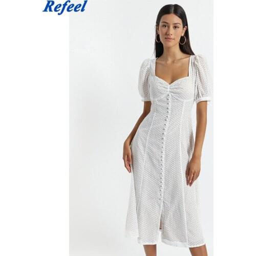 Women Summer Dress Casual White Long Vestido Vintage Square Collar Buttons Dress Fashion Short Sleeve