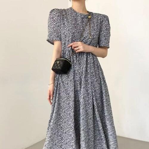 Elegant Floral Maxi Dresses Summer Women Dress 2021 Vintage A-line Korean Chic Bubble Sleeve Short Sleeve Dresses Vestidos 15198